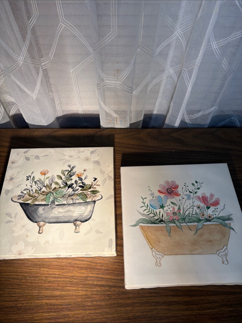 Floral Bathtub Canvas Wall Art - Beige & Gray Pink 9” x 9” on canvas